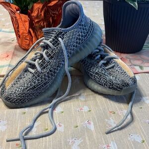 adidas Gray and Cream Athletic Shoes with Yellow Stripe